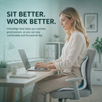 Woman sitting upright at desk using OrthoAlign Seat for improved posture while working