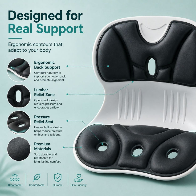 OrthoAlign Seat infographic showing ergonomic features and posture benefits