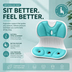 OrthoAlign Seat ergonomic cushion infographic showing spine alignment support, pressure relief zones, and posture improvement benefits”