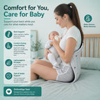 Mother feeding baby while sitting with OrthoAlign Seat for back support and comfort during long nursing sessions