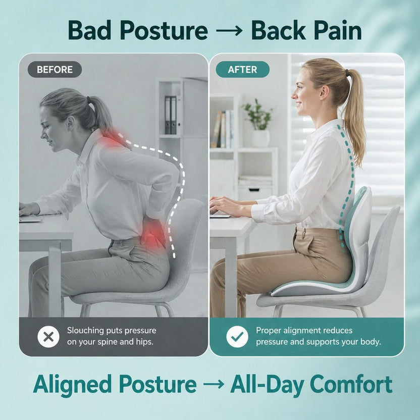 Before and after posture comparison showing slouching causing back pain versus upright sitting with OrthoAlign Seat improving spine alignment and comfort