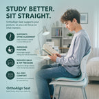 Student sitting upright while reading using OrthoAlign Seat to support posture and reduce back strain during study