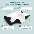 OrthoCloud contour pillow highlighting neck and shoulder pain relief, ergonomic support, and breathable cooling fabric for side and back sleepers.