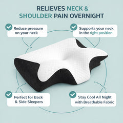 OrthoCloud contour pillow highlighting neck and shoulder pain relief, ergonomic support, and breathable cooling fabric for side and back sleepers.