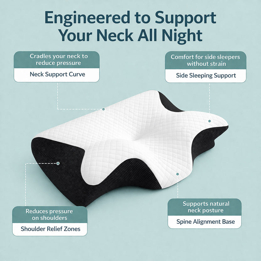 OrthoCloud contour pillow diagram highlighting neck support curve, side sleeping support, shoulder relief zones, and spine alignment design.