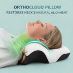 Person lying on the OrthoCloud contour pillow showing ergonomic neck alignment and cervical support during sleep.