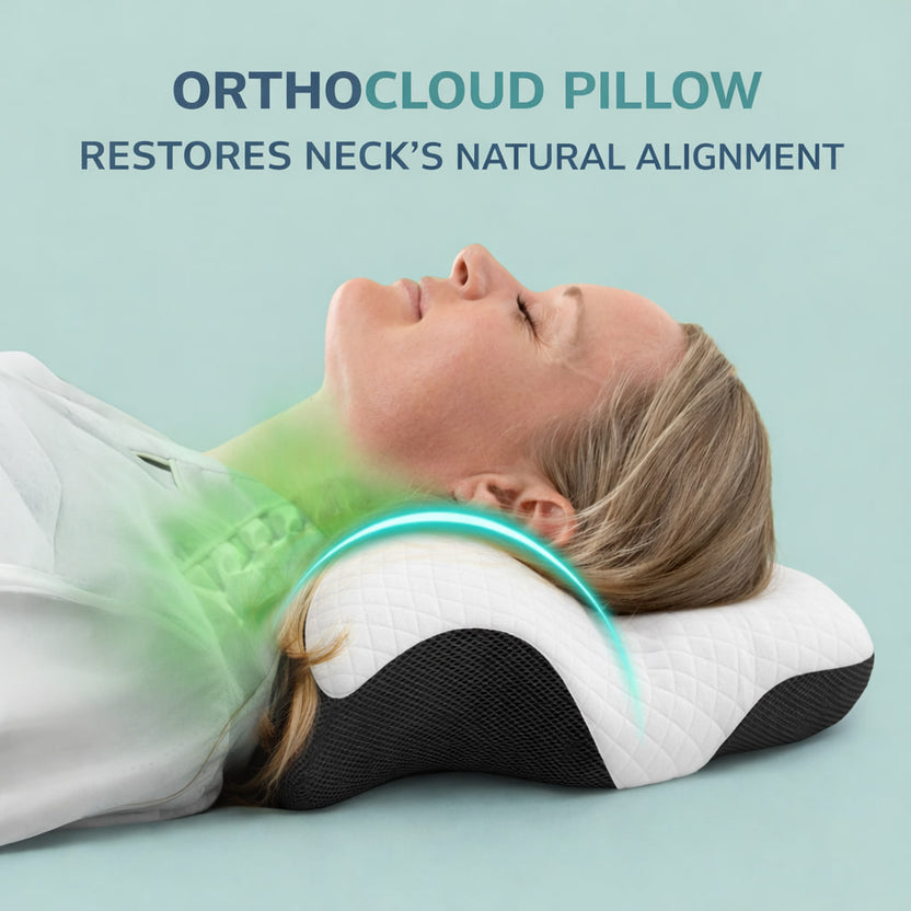 Person lying on the OrthoCloud contour pillow showing ergonomic neck alignment and cervical support during sleep.