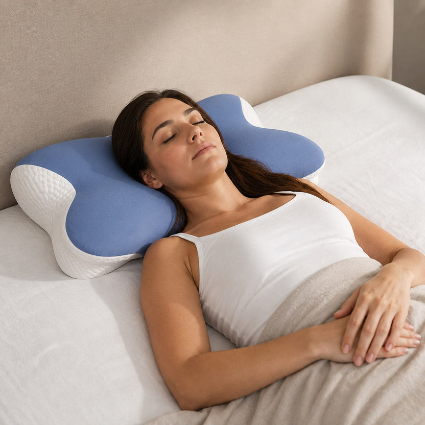 Woman sleeping comfortably on her back using the Oasisleep Solace Pillow