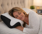 Woman comfortably side sleeping on the OrthoCloud contour pillow in a cozy bedroom setting.
