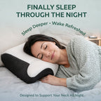 Woman sleeping peacefully on the OrthoCloud contour pillow designed to support the neck for deeper and more comfortable sleep.