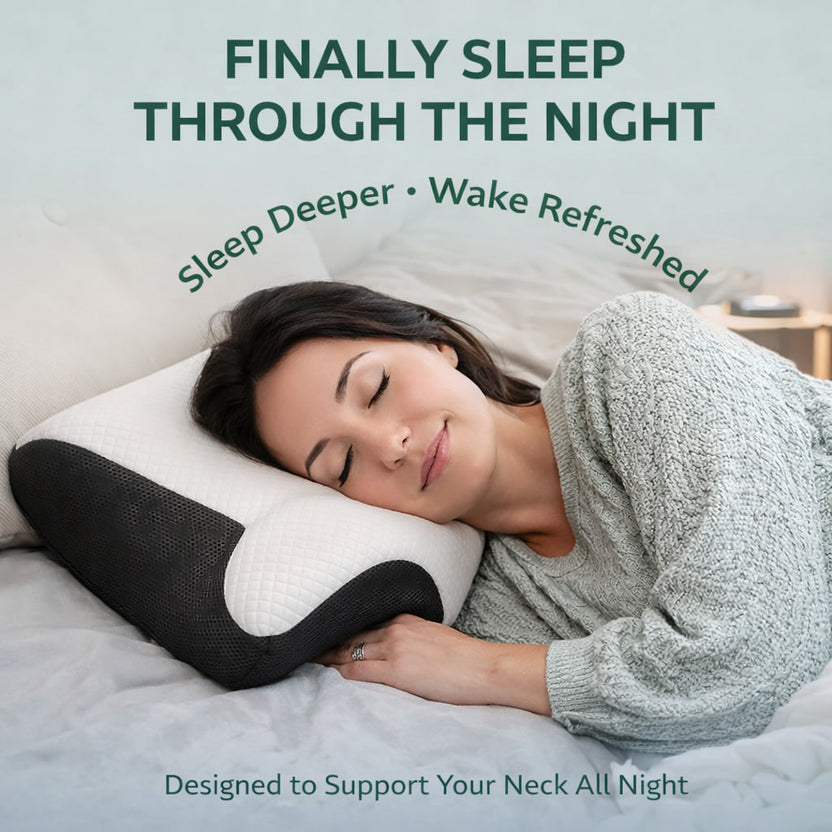 Woman sleeping peacefully on the OrthoCloud contour pillow designed to support the neck for deeper and more comfortable sleep.